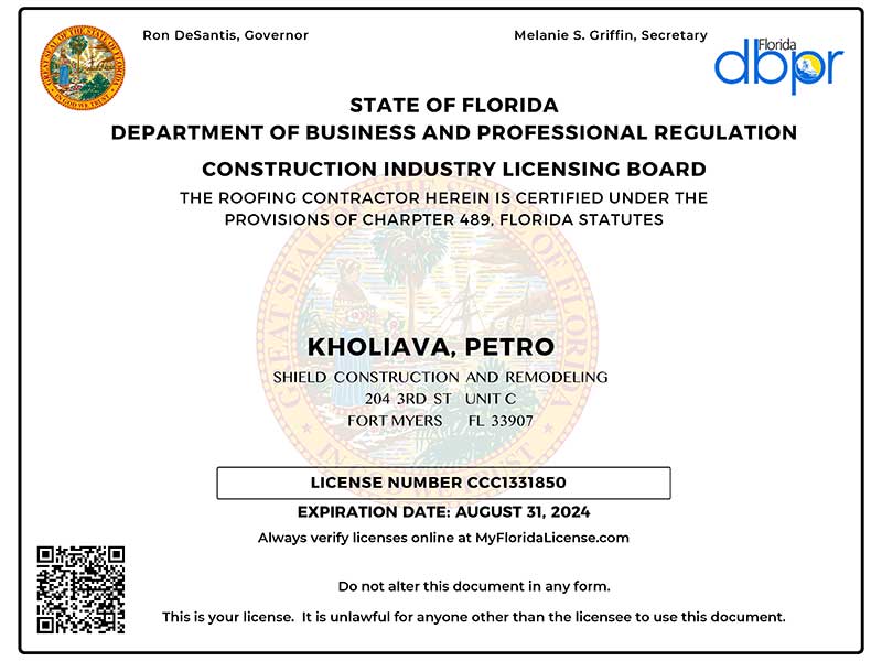 Shield Construction Florida license